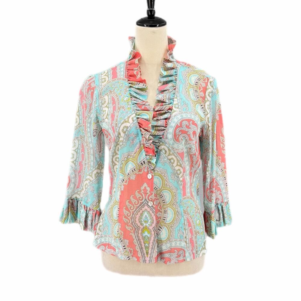 Trina Turk Colorful Paisley Cotton Ruffle Boho Chic Western Romcom Blouse Top